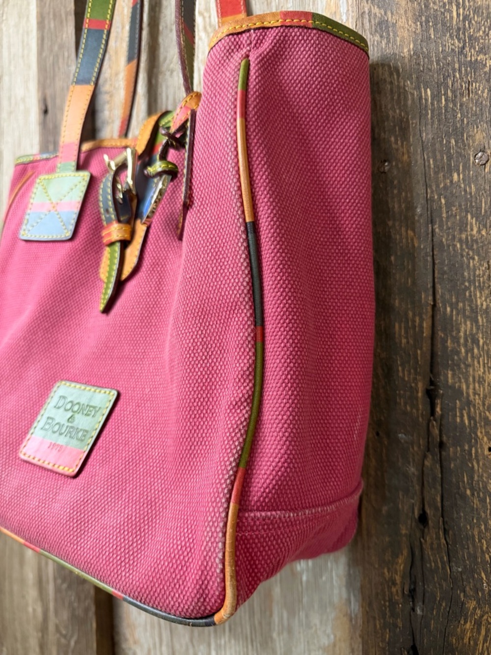 VTG Dooney & Bourke Pink Canvas Multicolor Leather Tote Shoulder Bag Y2K - Picture 4 of 15